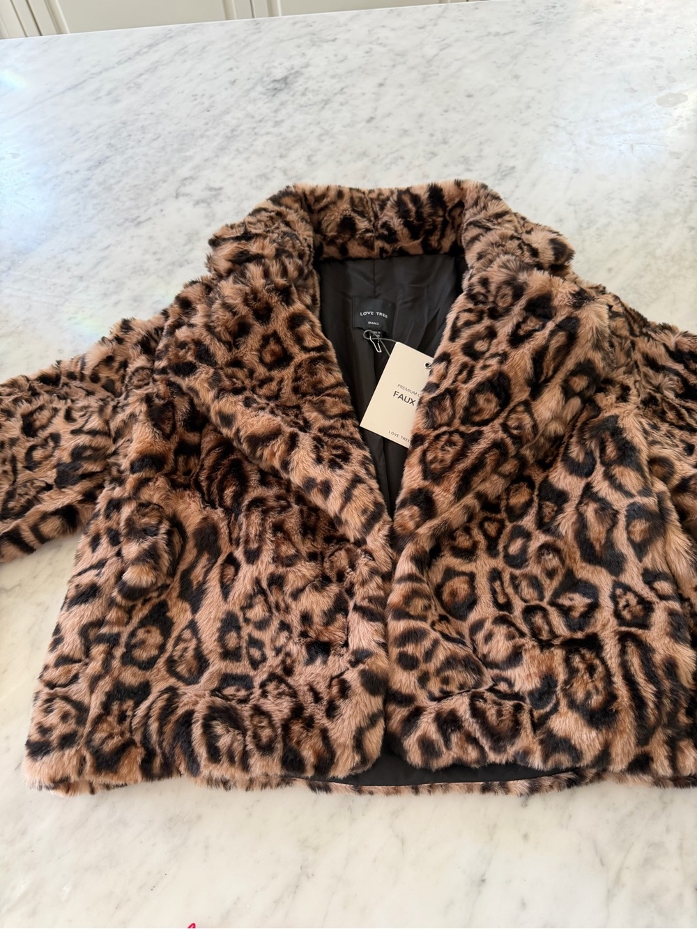 Love Tree Faux Fur Leopard Print Jacket in Brown and Black - Picture 2 of 5
